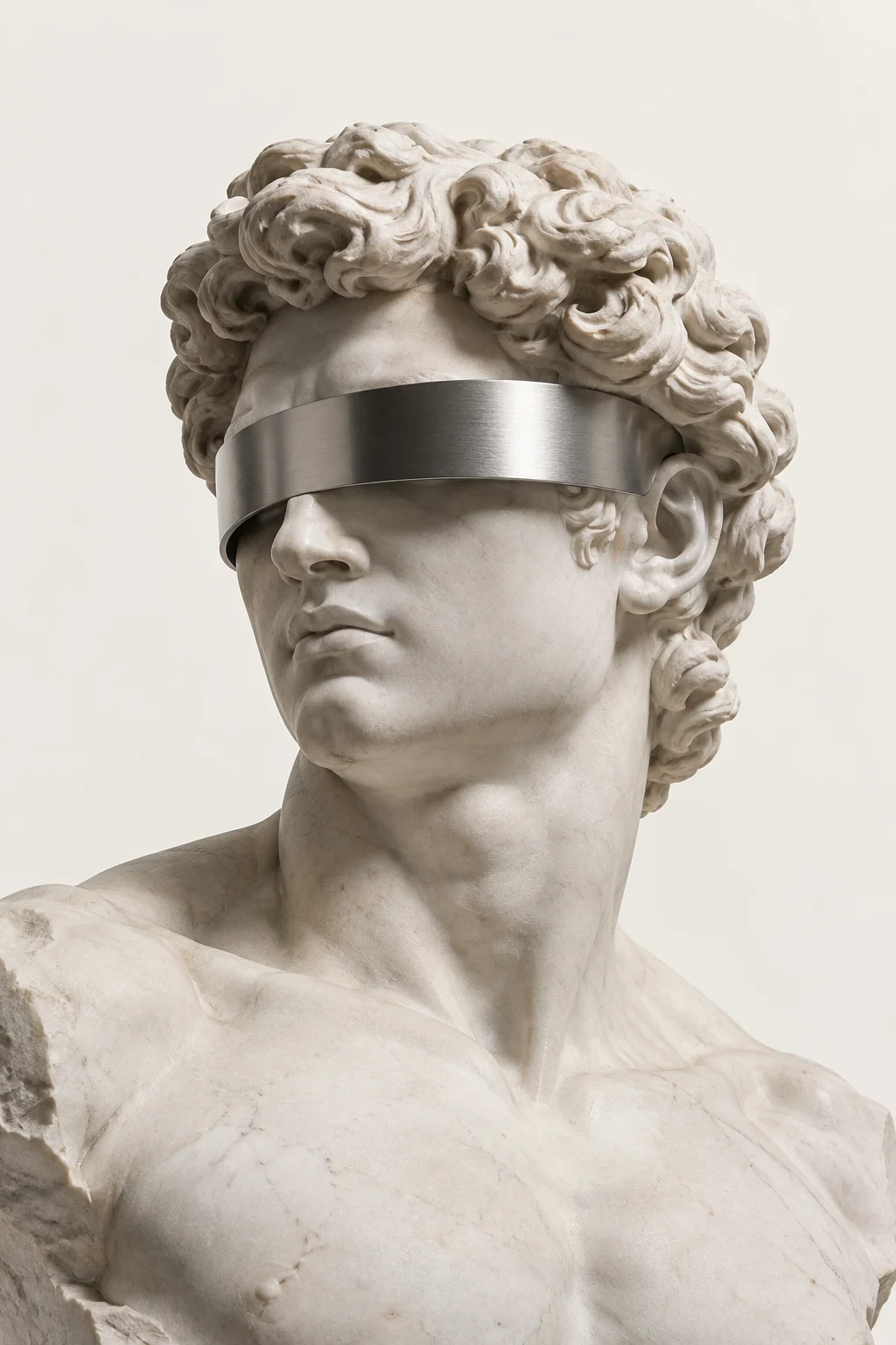 Busto de mármore com visor metálico, em uma composição contemporânea